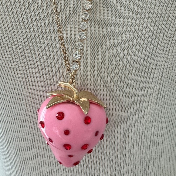 Betsey Johnson Pink Strawberry Red Rhinestone Long Necklace Gold Tone - Picture 4 of 9